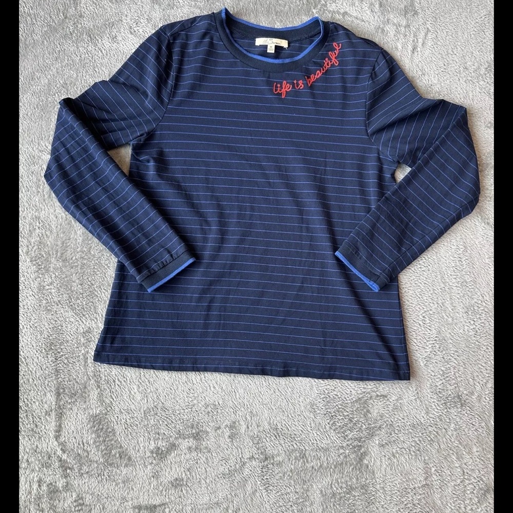 Les Serein Long Sleeve T-shirt “Life Is Beautiful' Women's M Striped Navy & Blue